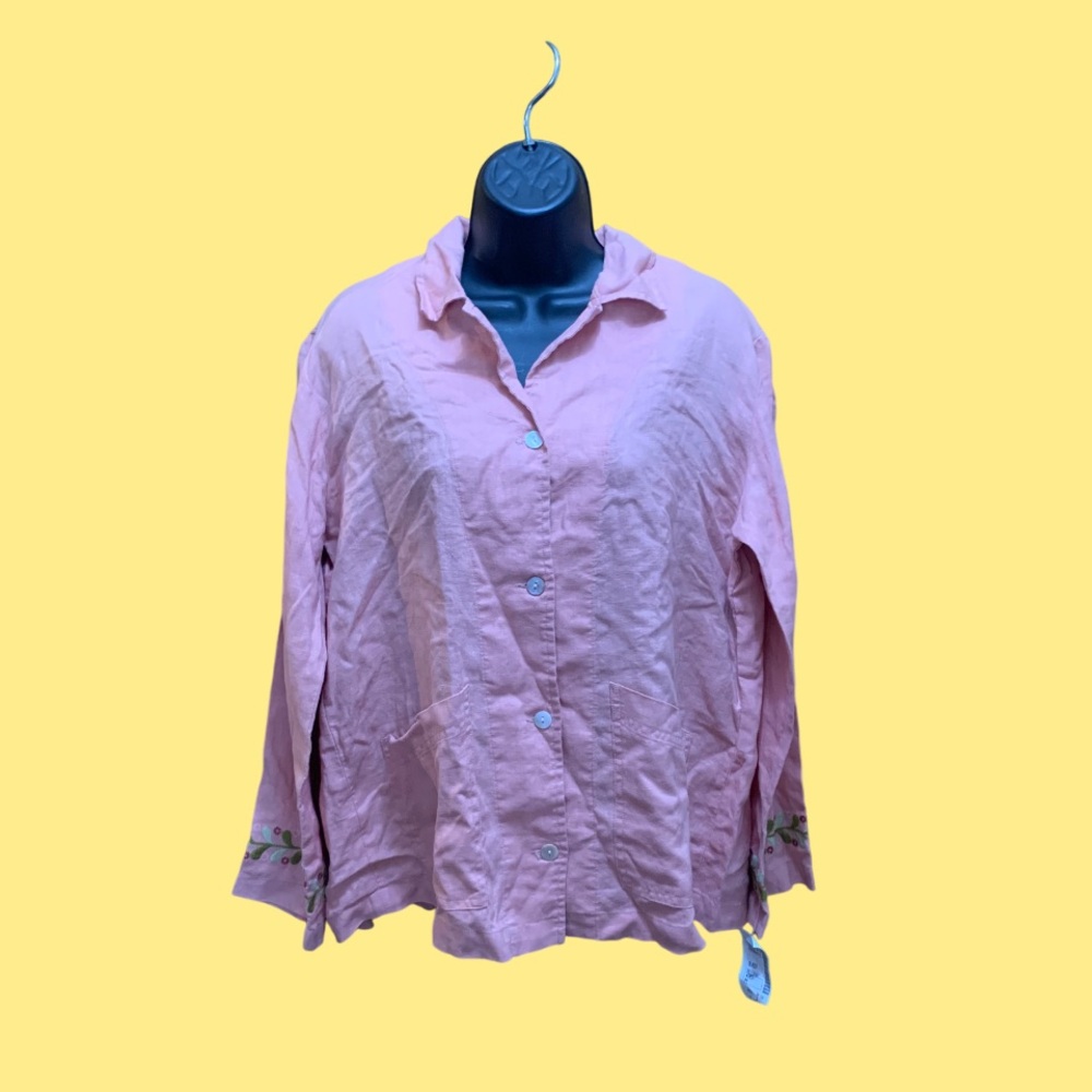 Democracy Coral Pink Button-Up Shirt with Embroidered Sleeves